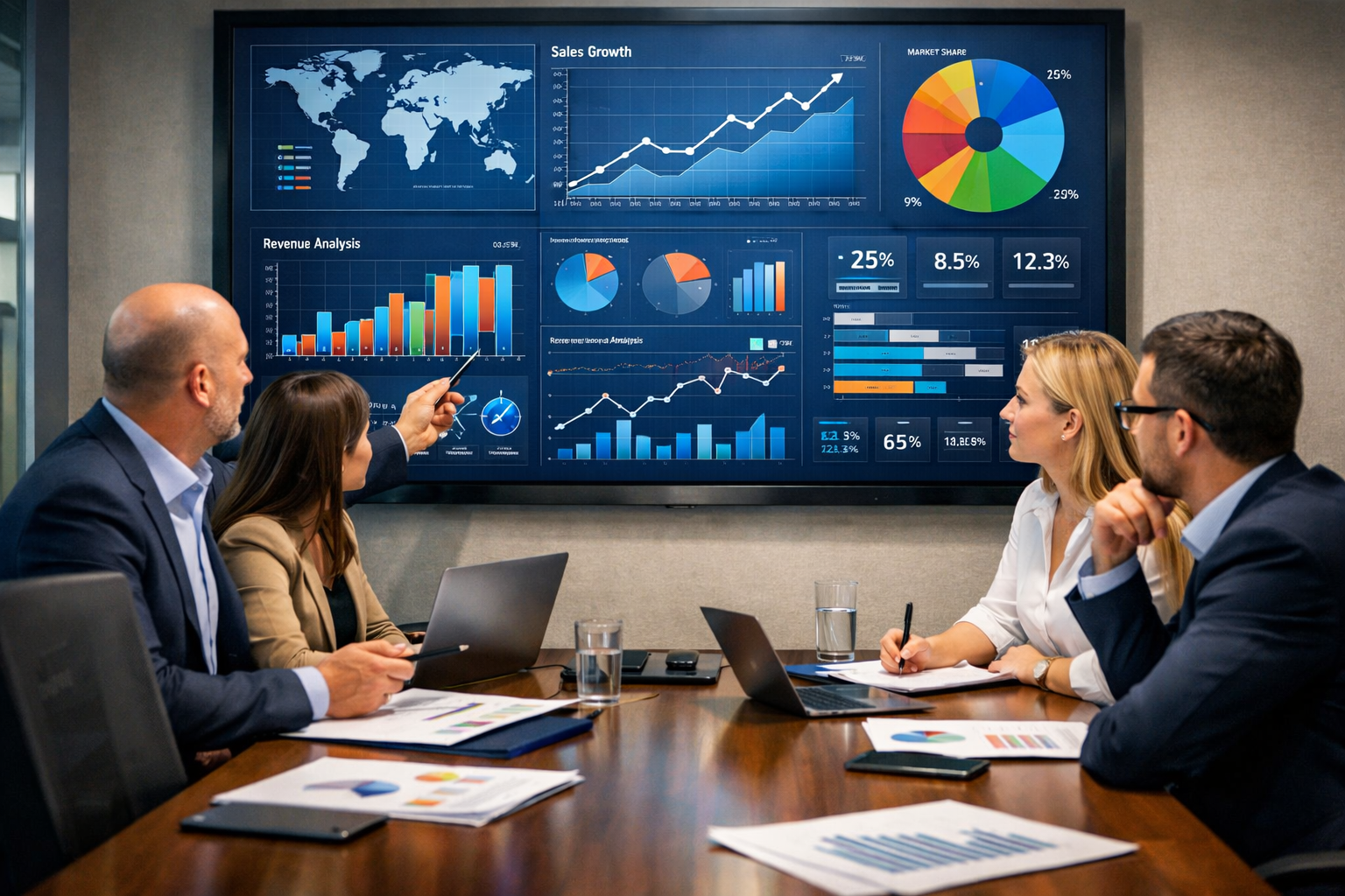 Equipe de consultores em uma reunião estratégica, analisando gráficos e dados em uma tela grande, simbolizando planejamento e tomada de decisão.