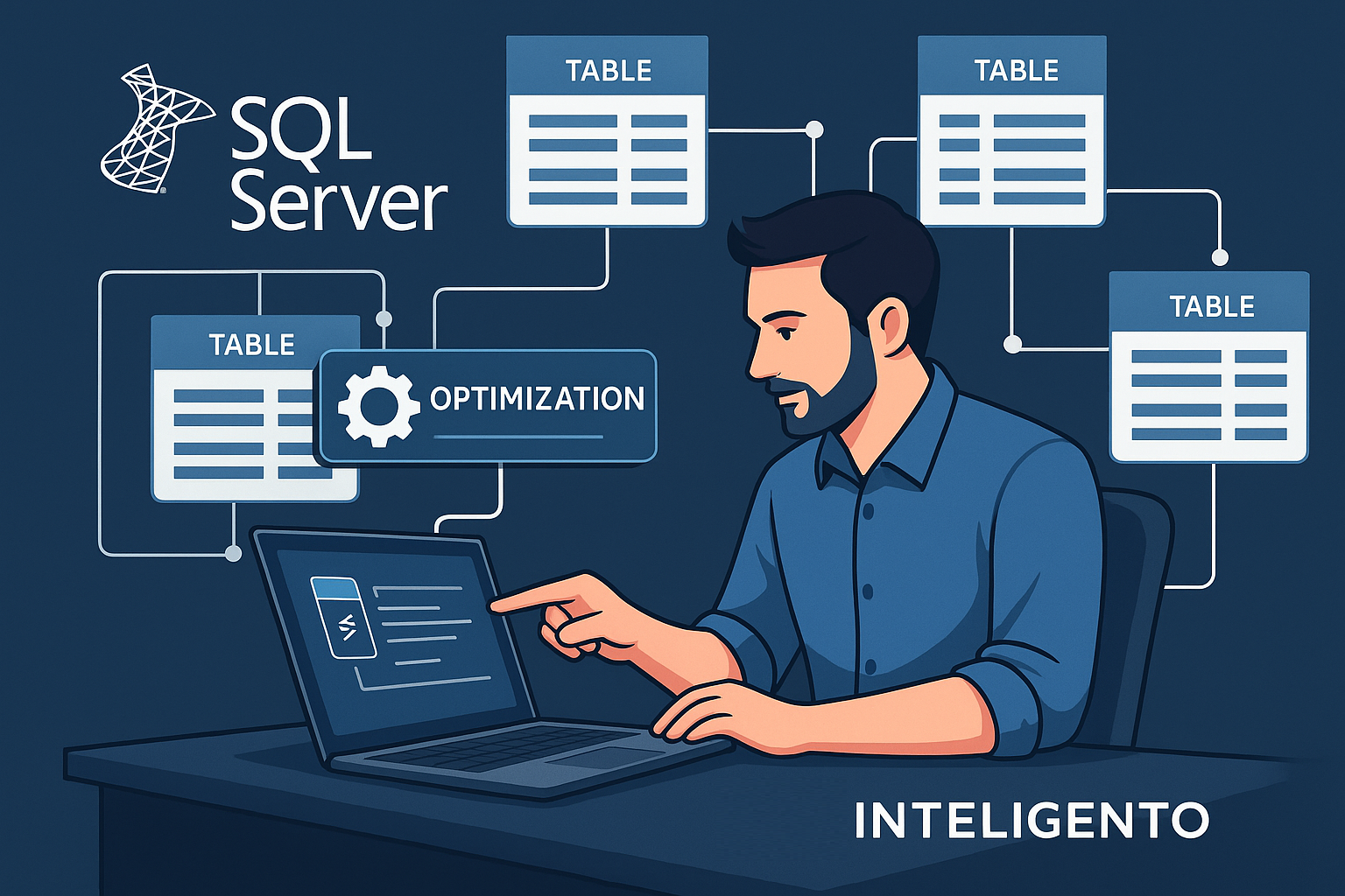 Diagrama de um banco de dados SQL Server sendo otimizado por um especialista da Inteligento